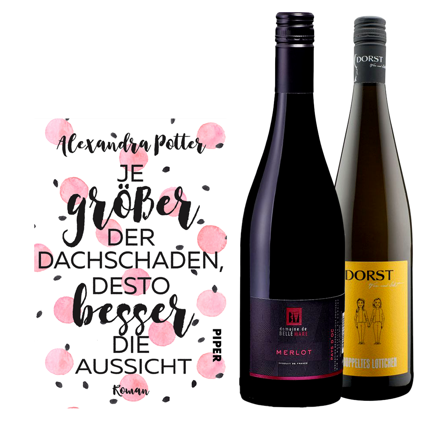 Geschenkset mit dem Buch Je größer der Dachschaden desto besser die Aussicht und den Weinen Domaine Belle Mare Merlot und Das doppelte Lottchen.