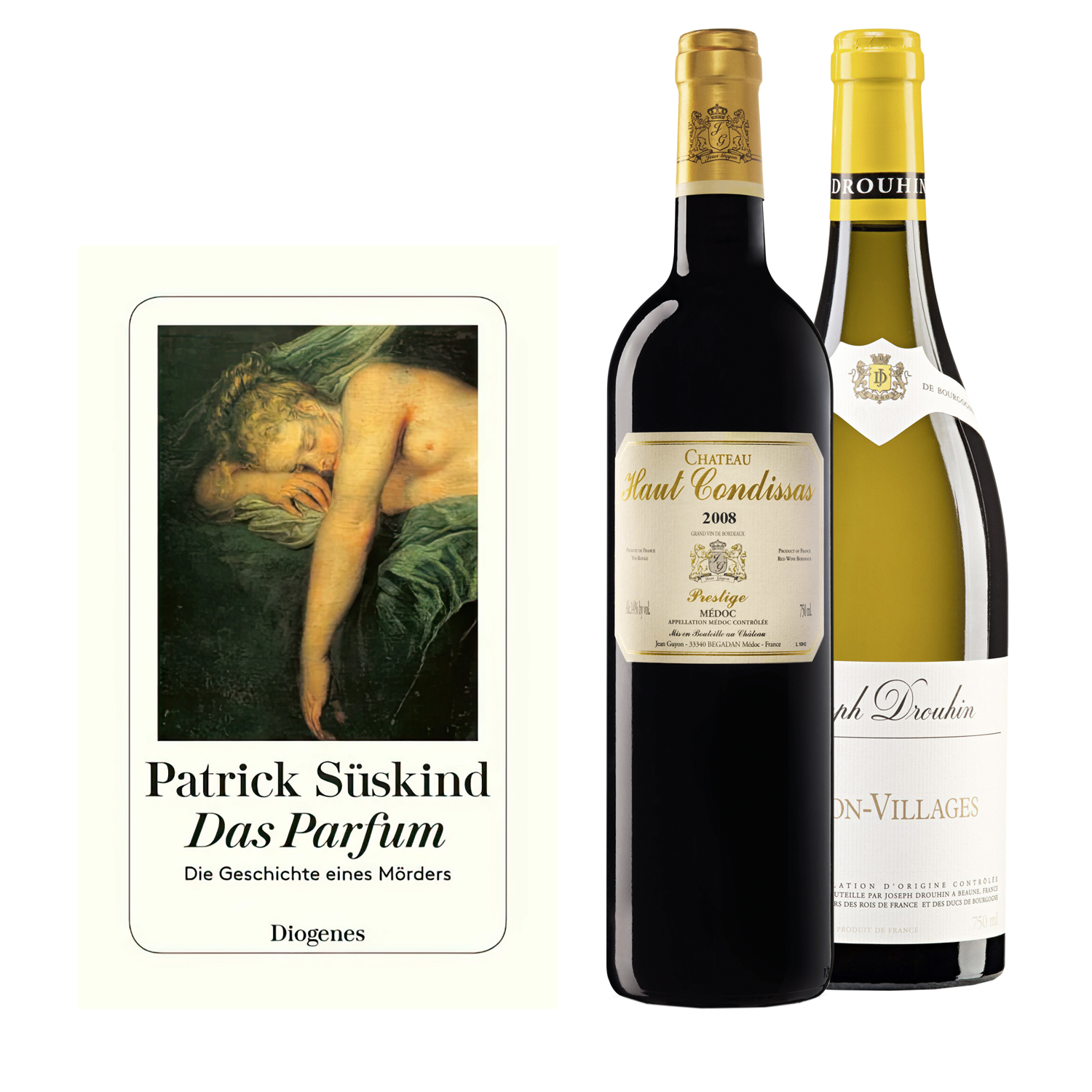 Geschenkset mit dem Buch von Patrick Süskind das Parfum mit dem Wein Château Haut Condissas und Mâcon-Villages Blanc