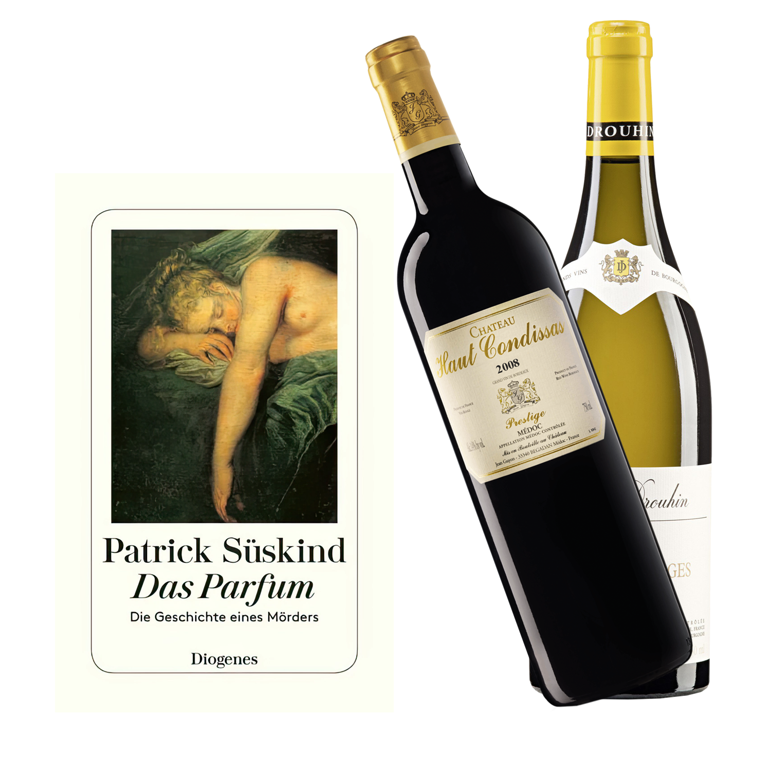 Geschenkset mit dem Buch von Patrick Süskind das Parfum mit dem Wein Château Haut Condissas und Mâcon-Villages Blanc