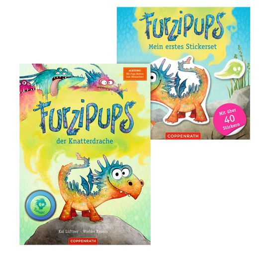 Geschenkset mit Furzipups Buch und Furzipups Stickerset. 