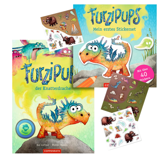 Geschenkset mit Furzipups Buch und Furzipups Stickerset. 