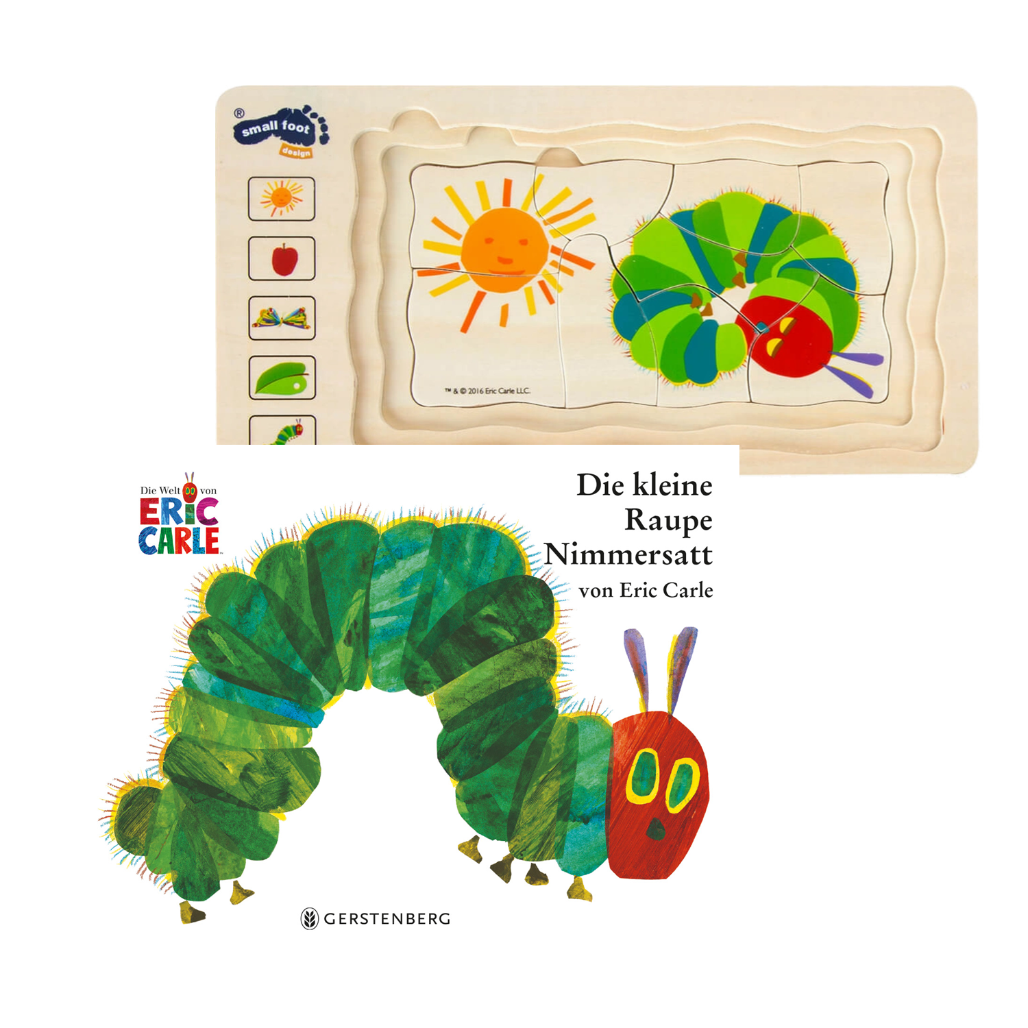 Geschenkset mit dem Buch die kleine Raupe Nimmersatt und Schichtenpuzzle.