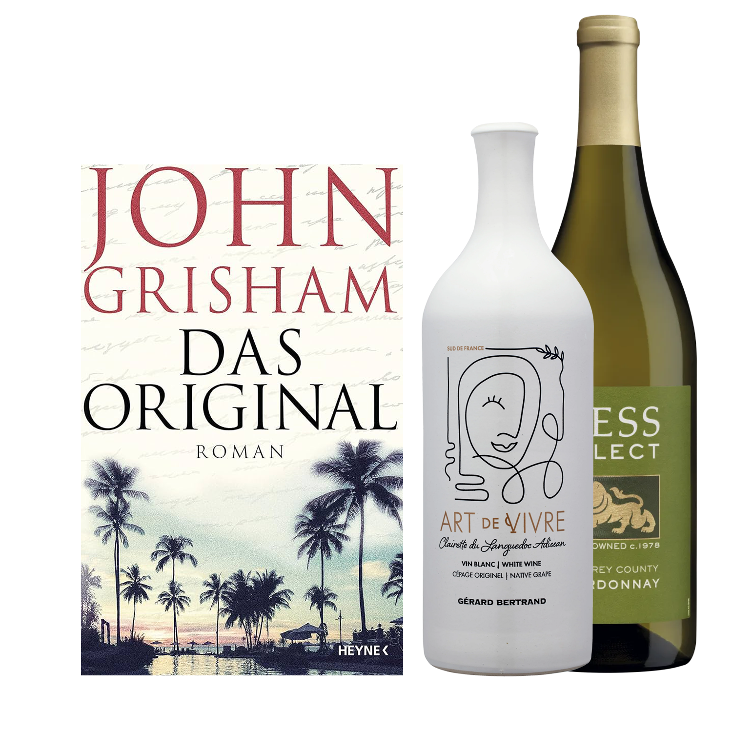 Buch John Grisham das Original und den Weinen Art de Vivre - Vin Blanc und  Hess Select Chardonnay. 