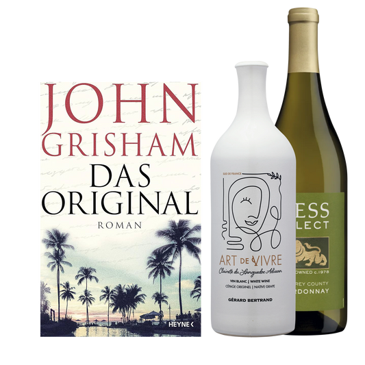 Buch John Grisham das Original und den Weinen Art de Vivre - Vin Blanc und  Hess Select Chardonnay. 