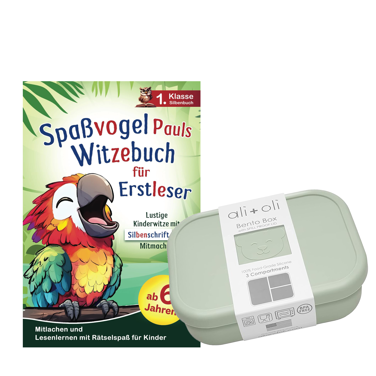 Geschenkset mit Buch Spaßvogel Pauls Witzebuch für Erstleser und Bento Box.