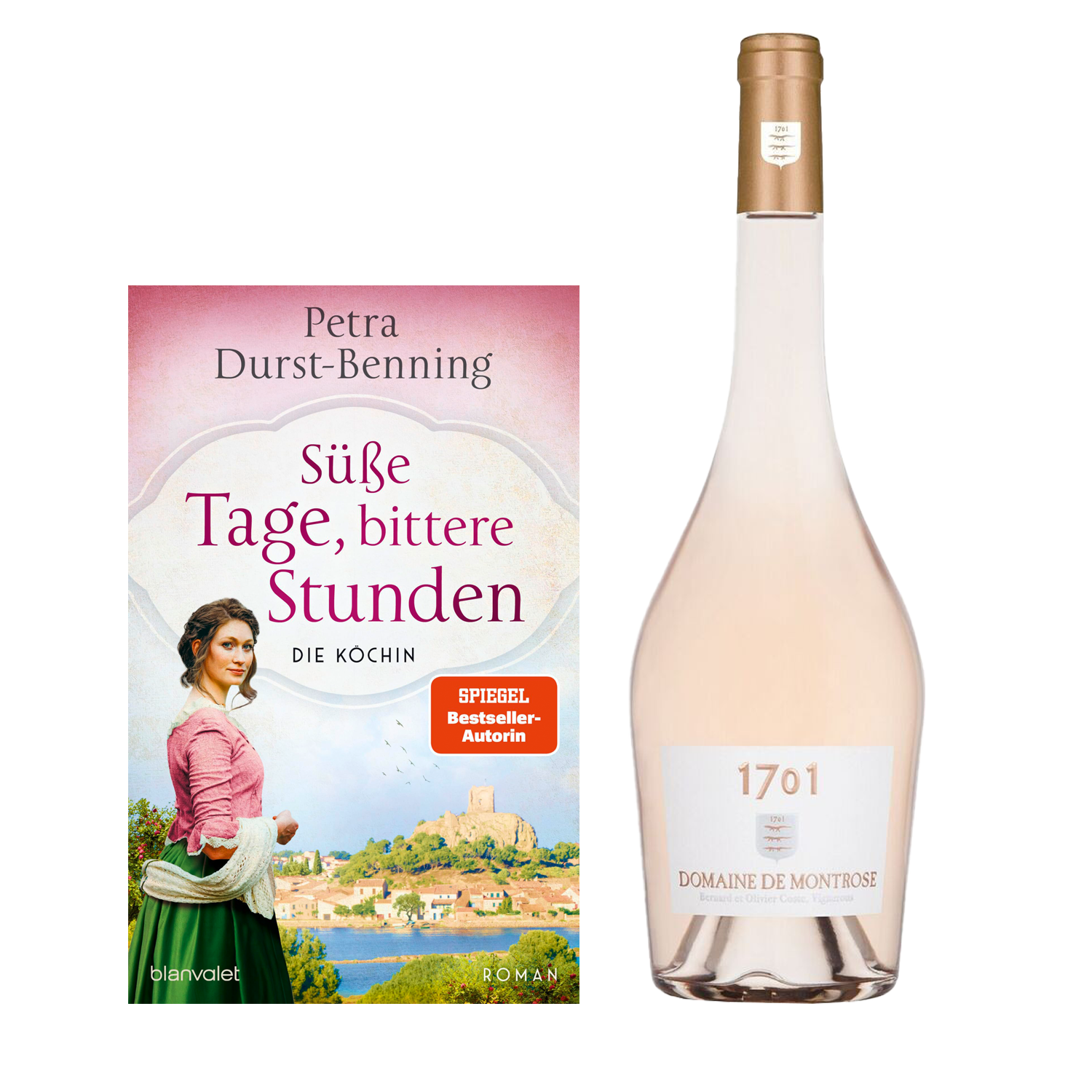 Geschenkset mit dem Buch Süße Tage, bittere Stunden Die Köchin und dem Wein 1701 Domoane de Montrose.