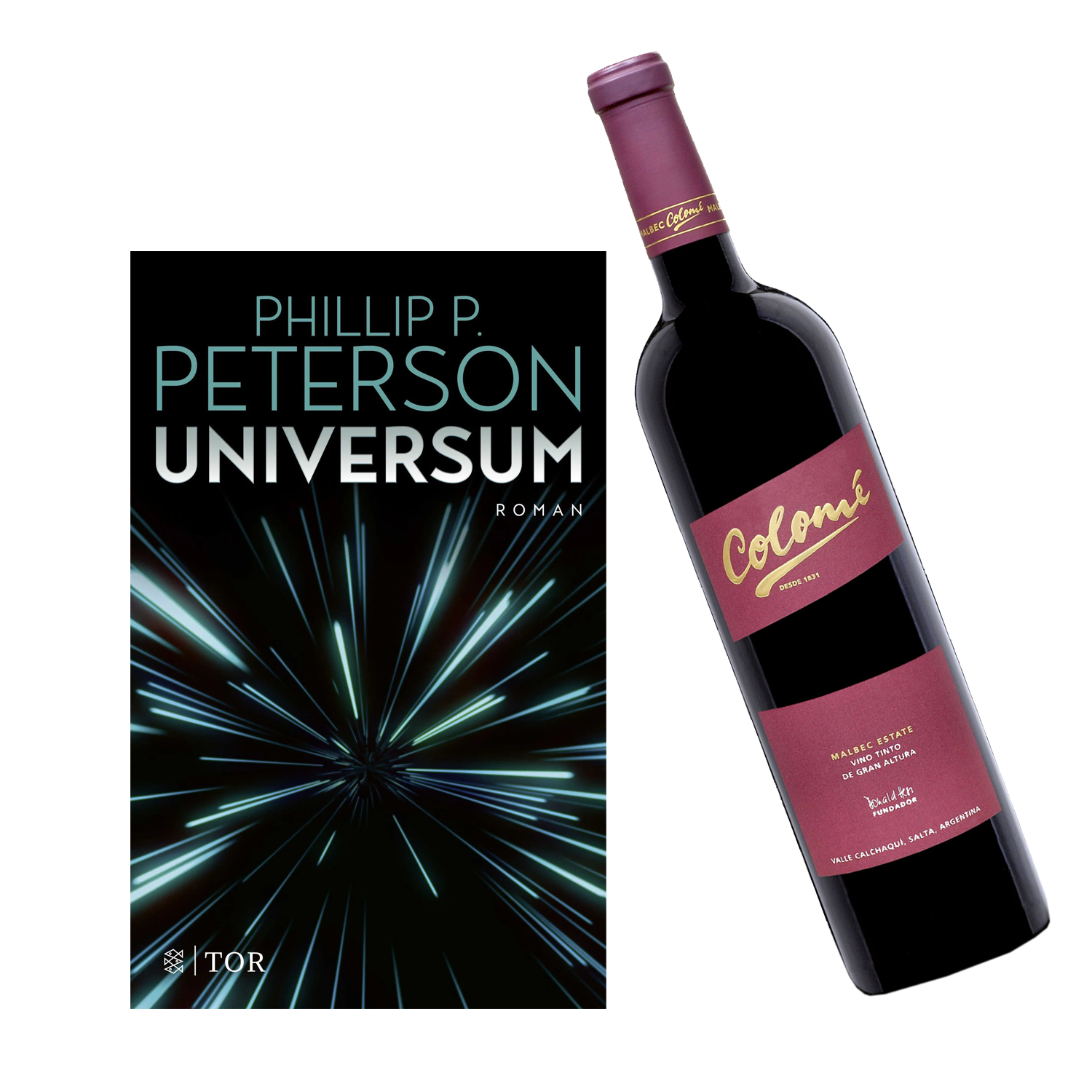 Geschenkset mit dem Buch von Phillip P- Uninversum und dem Wein Colome Estate Malbec. 