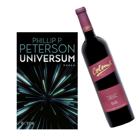 Geschenkset mit dem Buch von Phillip P- Uninversum und dem Wein Colome Estate Malbec. 