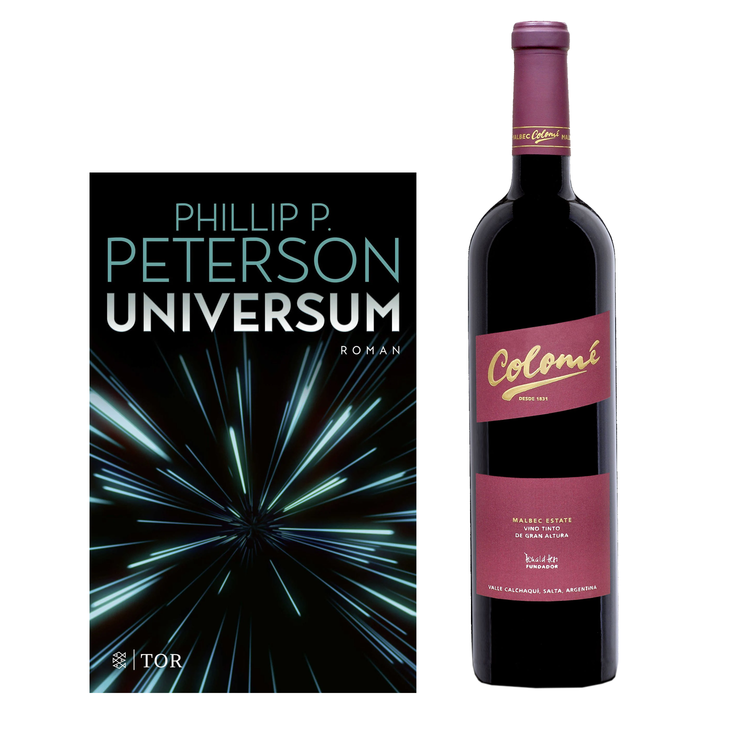 Geschenkset mit dem Buch von Phillip P- Uninversum und dem Wein Colome Estate Malbec. 