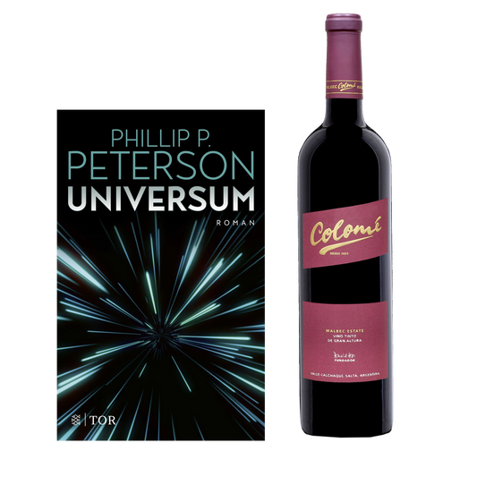 Geschenkset mit dem Buch von Phillip P- Uninversum und dem Wein Colome Estate Malbec. 