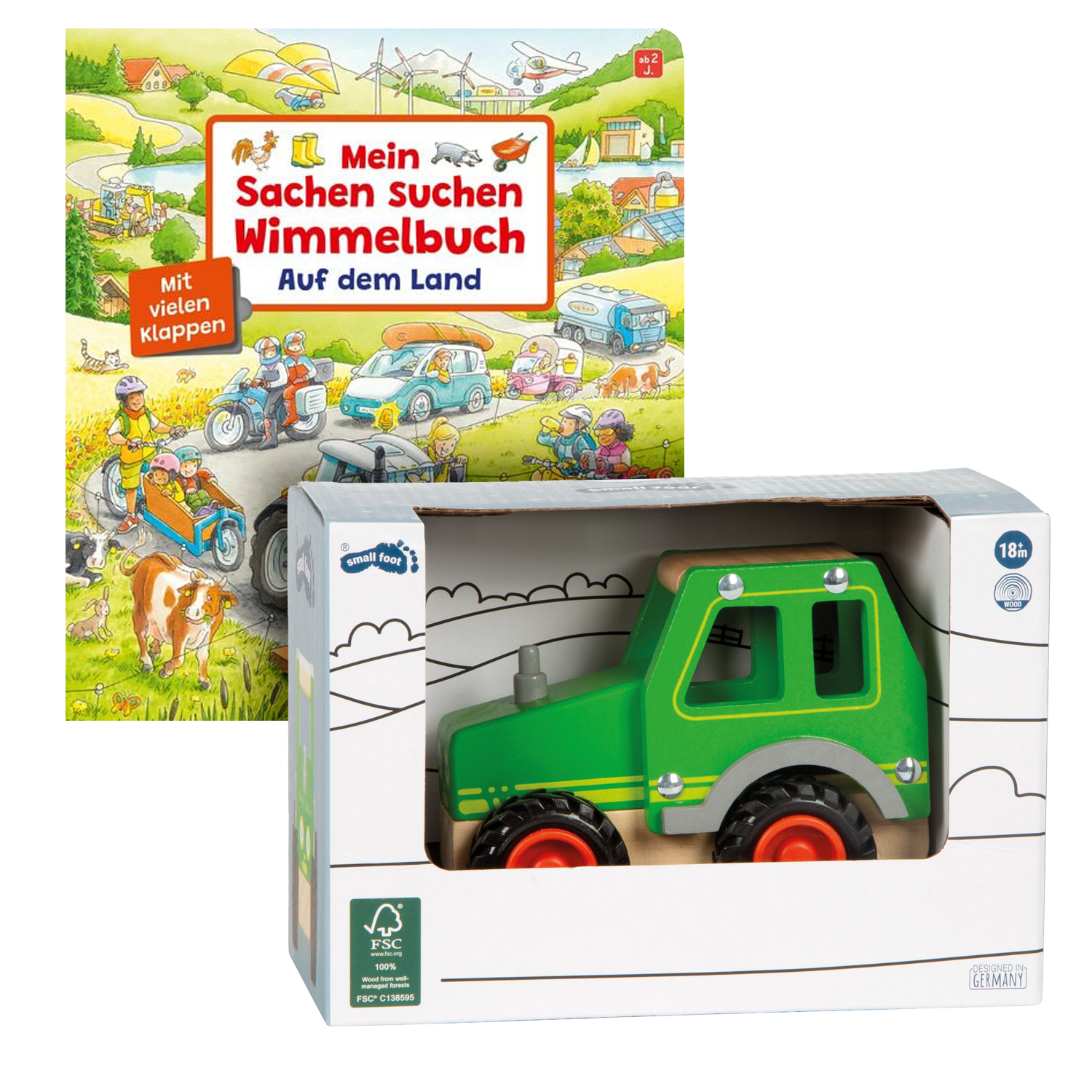 Geschenkset mit Buch Mein Sachen suchen Wimmelbuch Auf dem Land und Holztraktor Spielzeug.