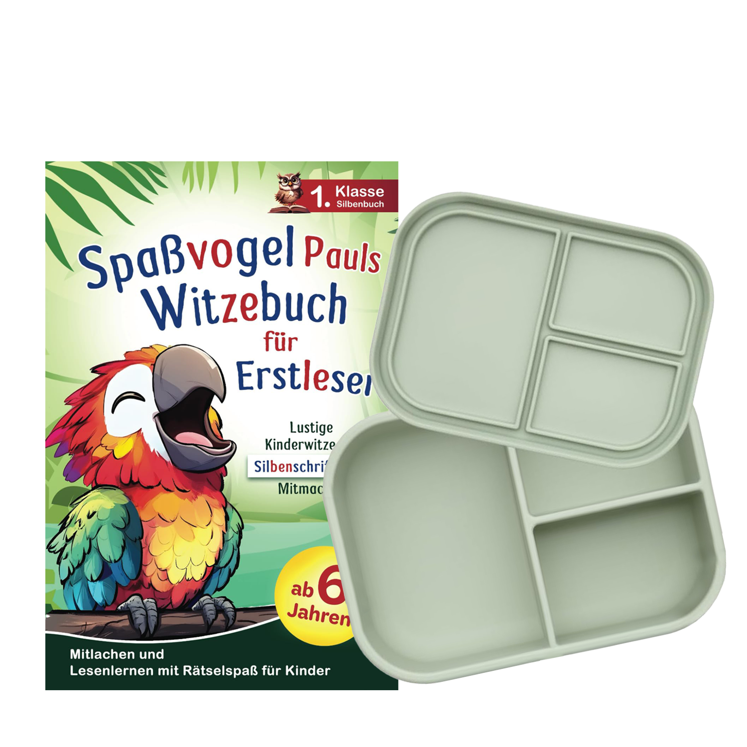 Geschenkset mit Buch Spaßvogel Pauls Witzebuch für Erstleser und Bento Box.
