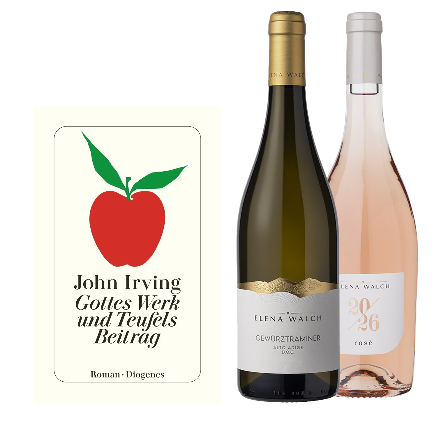 Geschenkset mit Weinflaschen Elene Walch Gewürztraminer und Elena Walch 2026 rosé und dem Roman von John Irving Gottes Werk und Teufels Beitrag