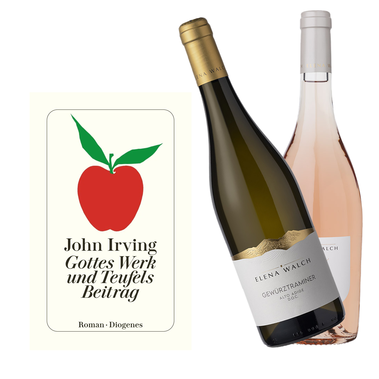 Geschenkset mit Weinflaschen Elene Walch Gewürztraminer und Elena Walch 2026 rosé und dem Roman von John Irving Gottes Werk und Teufels Beitrag