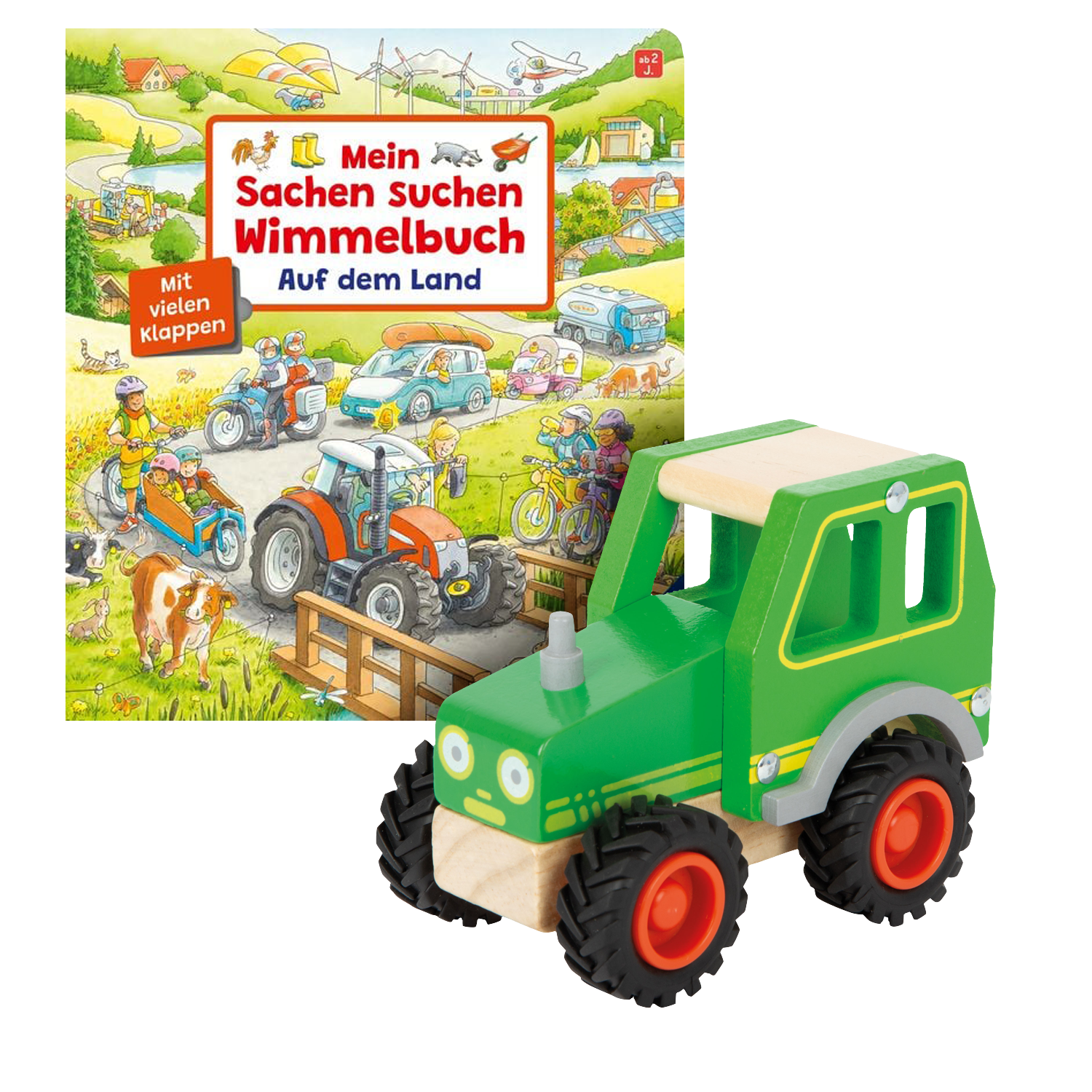 Geschenkset mit Buch Mein Sachen suchen Wimmelbuch Auf dem Land und Holztraktor Spielzeug.